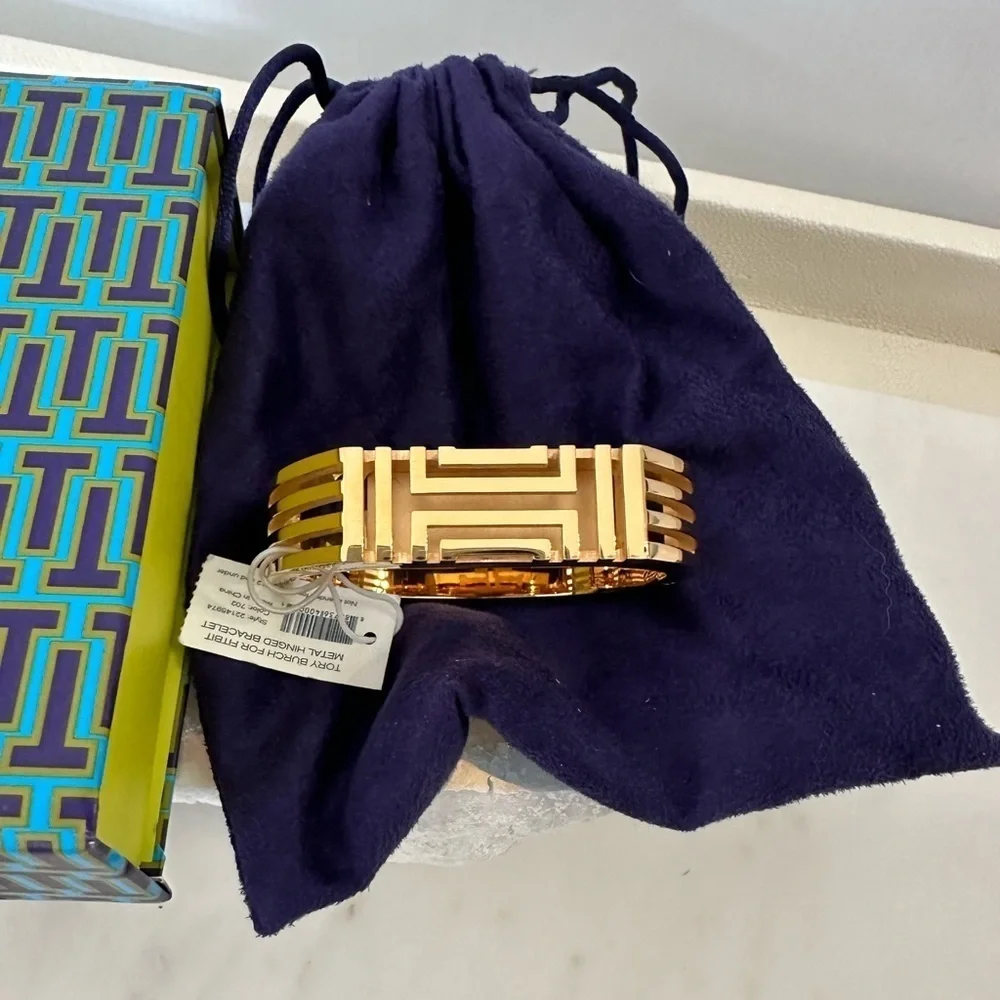 Tory Burch Fitbit Fret Metal Hinged Bracelet heavy gold with box and dust bag - Picture 1 of 5